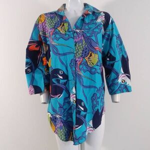 Vintage 80s 90s Fish Aquarium Blue Button Down Shirt Abstract Hawaiian XL